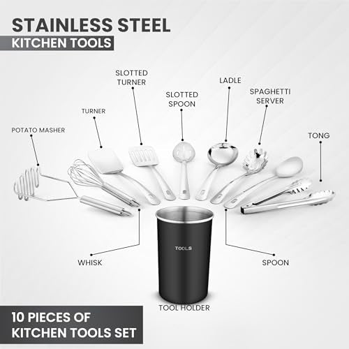 Avador® Premium Set of 10 Stainless Steel (BLACK HOLDER) Kitchen Tool Set with Holder Easy To Clean, Space Saving, Great for Cooking, Baking, Prepping (BLACK) - color: Black