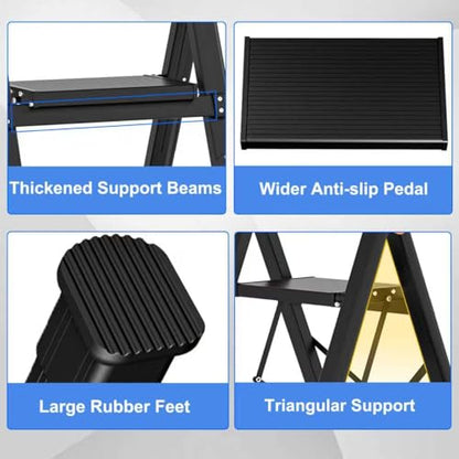 3 Step Ladder,Step Stool Foldable with Single-Handrail,Step Ladder with Anti-Slip Pedals for Home Kitchen Closet,Aluminum Sturdy Material,600lbs Max Load Capacity (Blue) - color: Blue, size: 3 steps