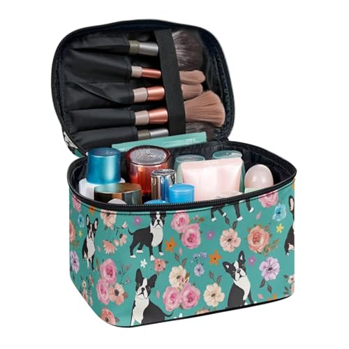 Cosmetic Bags Pug Dog Flower Printed Makeup Organizer Case for Women Ladies Multifunctional Toiletry Bursh Holder Purse Bathroom Receive Bag - color: Pug Dog Flower