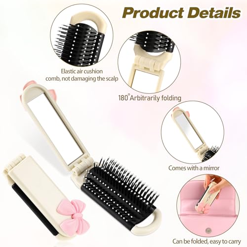 Folding Travel Hair Brush with Removable Mirror, Collapsible Compact Design, Massage Comb for Gym, Trips, Purse, Swimming (Cream Colour) - color: cream