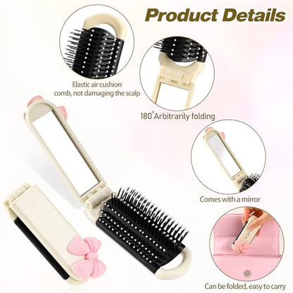 Folding Travel Hair Brush with Removable Mirror, Collapsible Compact Design, Massage Comb for Gym, Trips, Purse, Swimming (Cream Colour) - color: cream