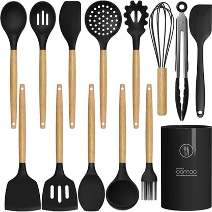 oannao Silicone Cooking Utensils Set Utensil Sets - 446°F Heat Resistant Silicone Kitchen Utensils Set Wooden Handles, Silicone Utensils for Cooking w Holder for Non-Stick Cookware BPA FREE (Black) - color: Black