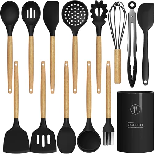 oannao Silicone Cooking Utensils Set Utensil Sets - 446°F Heat Resistant Silicone Kitchen Utensils Set Wooden Handles, Silicone Utensils for Cooking w Holder for Non-Stick Cookware BPA FREE (Black) - color: Black