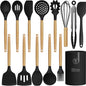 oannao Silicone Cooking Utensils Set Utensil Sets - 446°F Heat Resistant Silicone Kitchen Utensils Set Wooden Handles, Silicone Utensils for Cooking w Holder for Non-Stick Cookware BPA FREE (Black) - color: Black