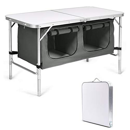 Goplus Folding Camping Table with Storage, Aluminum Outdoor Camp Table with 2-Level Adjustable Height, Lightweight Portable Foldable Picnic Table for Tailgating Beach BBQ Party RV