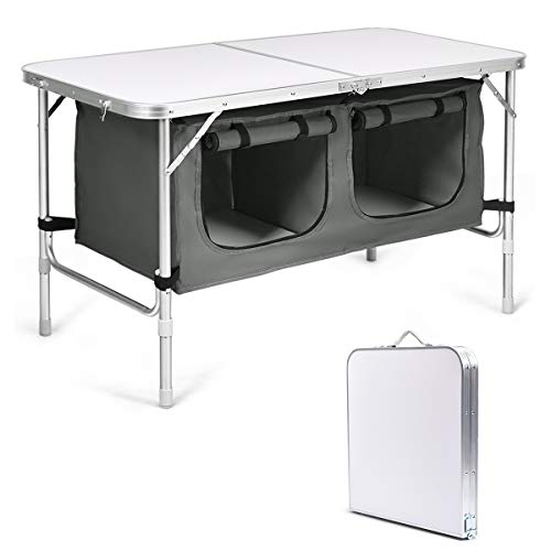 Goplus Folding Camping Table with Storage, Aluminum Outdoor Camp Table with 2-Level Adjustable Height, Lightweight Portable Foldable Picnic Table for Tailgating Beach BBQ Party RV