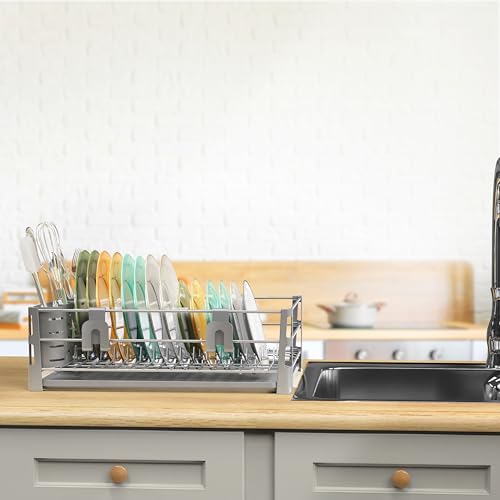 Simple Houseware Dish Drying Rack with Drainboard, Utensil Holder & Mug Hooks, Silver Metal Kitchen Counter Organizer - color: Silver