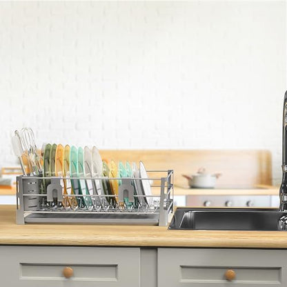 Simple Houseware Dish Drying Rack with Drainboard, Utensil Holder & Mug Hooks, Silver Metal Kitchen Counter Organizer - color: Silver