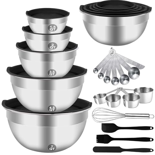 WEPSEN Mixing Bowls Set, 25PCS Stainless Steel Mixing Bowl with Lid Set, Large Nesting Bowls 7, 4.5, 3,2, 1.5QT, Measuring Cups and Spoons Baking Utensils Metal Bowl for Kitchen Prep - color: Black Bowls Set