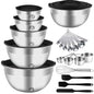 WEPSEN Mixing Bowls Set, 25PCS Stainless Steel Mixing Bowl with Lid Set, Large Nesting Bowls 7, 4.5, 3,2, 1.5QT, Measuring Cups and Spoons Baking Utensils Metal Bowl for Kitchen Prep - color: Black Bowls Set