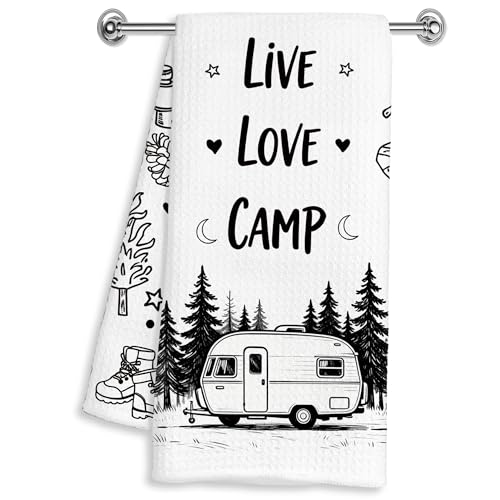 Camping Lover Gifts Hand Dish Tea Towels for Kitchen Bathroom RV Decor 16x24 Inches, Gifts for RV Campers, Black and White Camping Kitchen Towels Decorative - color: Live Love Camp