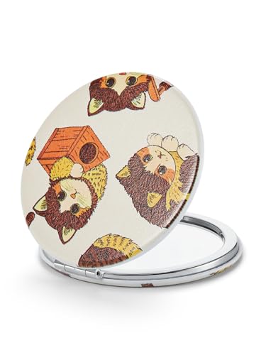 OMIRO 1X/10X Compact Magnifying Mirror, Unique Painting Pocket Mirror with Classical PU Leather (Round, Ginger Cat) - color: Ginger Cat