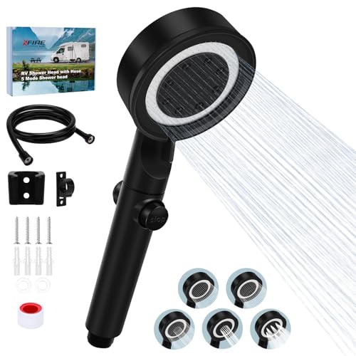 RV Shower Head with Hose, 5+1 Mode High Pressure Replacement with On/Off Switch, Water Saving Motorhome Shower Head for RV/Campervan, Caravan(Black) - color: Black