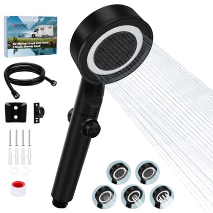 RV Shower Head with Hose, 5+1 Mode High Pressure Replacement with On/Off Switch, Water Saving Motorhome Shower Head for RV/Campervan, Caravan(Black) - color: Black