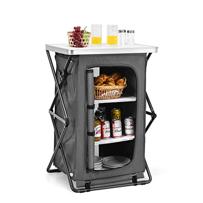 Goplus Folding Camping Storage Cabinet, Pop Up Outdoor Camping Kitchen Station with Large 3-Tier Storage Organizer, Carry Bag, Easy Set Up Portable Compact Camping Table for BBQ Picnic Backyard (35'') - size: 35''