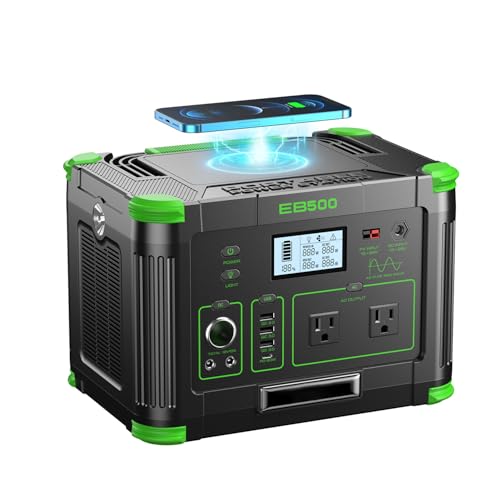 500W Portable Power Station 519.48Wh Solar Generator Backup Battery - Multi-Output Emergency Power Supply with 60W PD USB-C, QC3.0 USB-A, AC/DC/Car Ports & Wireless Charger for Camping, Home Outage - color: Dark Green