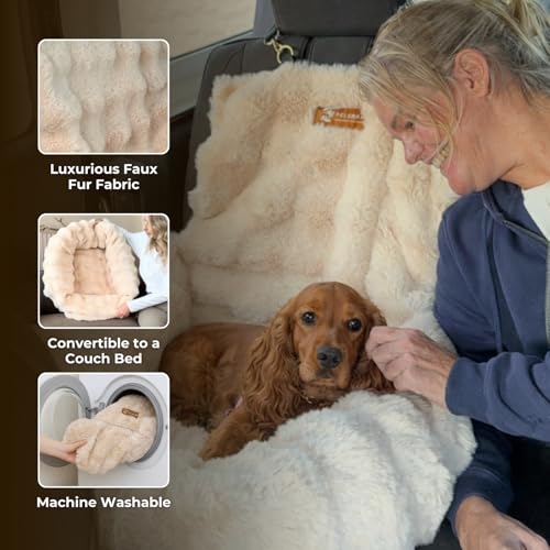 Pelsbarn Luxurious Cozy Car Bed - Small Luxury Travel Dog Bed with Safety Belt - Ultra Soft Faux Fur - Beige - color: Beige, size: Small