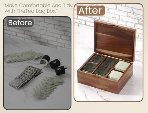 Acacia Wood Tea Bag Organizers, Tea and Sugar Packet Storage Chest with Lid, Wooden Teabag Holder Containers,Storage Box Teabox with 6 Compartments - size: Six grids