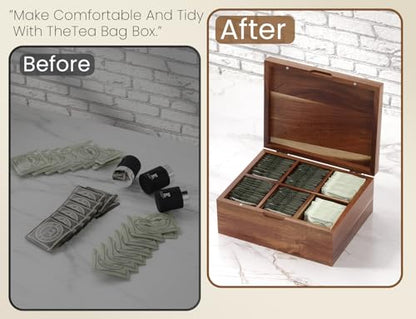 Acacia Wood Tea Bag Organizers, Tea and Sugar Packet Storage Chest with Lid, Wooden Teabag Holder Containers,Storage Box Teabox with 6 Compartments - size: Six grids