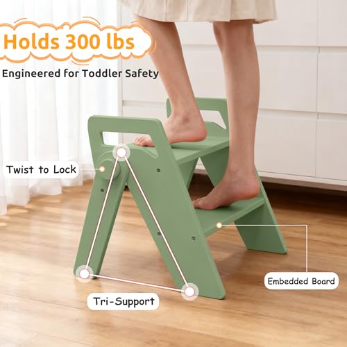 Wooden 2 Step Stool for Toddler Kids Bathroom Foldable 2-Step for Toilet Potty Training, Child Stepping Stool for Kitchen Nursery Bedroom Green - color: Green