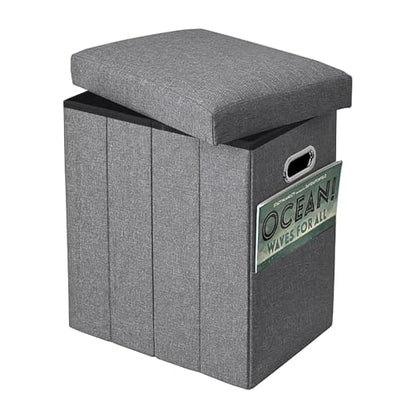 Tall Ottoman with Storage Collapsible Fabric Small Slim Folding Ottoman Furniture with Handles Lid for Room Footrest Foot Stool Linen Grey 16.5x16.5x11.8in - color: Grey