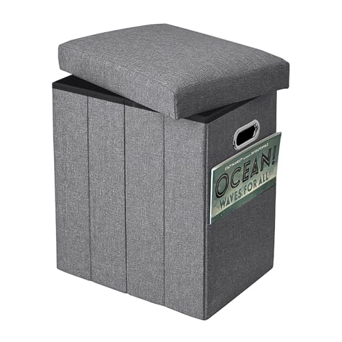 Tall Ottoman with Storage Collapsible Fabric Small Slim Folding Ottoman Furniture with Handles Lid for Room Footrest Foot Stool Linen Grey 16.5x16.5x11.8in - color: Grey