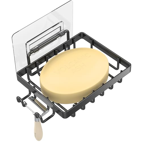 Moforoco Black Soap Dish, Soap Bar Holder for Shower, No Drilling Bathroom Accessories, Wall Mounted Soap Holder with Hooks, Shower Rack Tray Bar for Suitable for Bathroom, Kitchen Sink - color: Black, size: 1-T Adhesive
