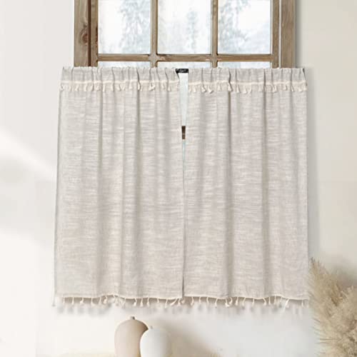 Boho Tassel Kitchen Curtains 36 Inch Length Modern Farmhouse Cotton Linen Short Cafe Curtains for Bathroom Small Window Country Rustic Tiers Bohemian Decor (26W x 36L, 2 Panels, Natural) - color: Natural, size: 26"W x 36"L (Pack of 2)