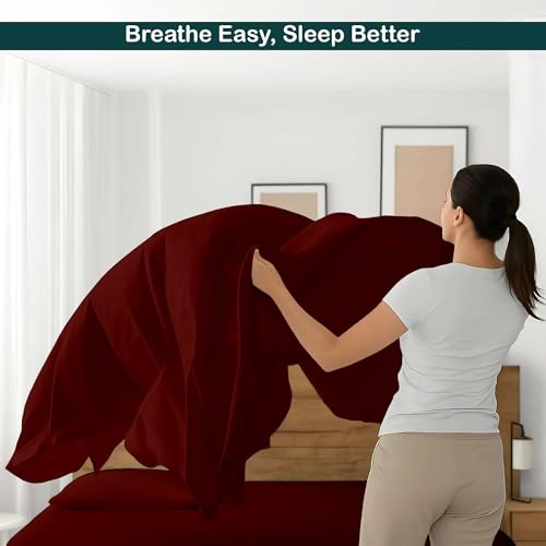 NON Sticky cotton 4 Piece Premium Egyptian Cotton Queen Bed Sheet Set, 15" Deep Pocket Fitted, Easy Care, Soft Sheets for Bedroom and Home Mattress, 60" x 80", Burgundy Solid - color: Burgundy Solid, size: Queen