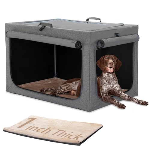 PETSFIT Portable Dog Crate for Large Dogs, – 40" Soft Dog Travel Crates with Lockable Zippers & Thicken Mat, Adjustable Patented Spiral Steel Frame, Collapsible Kennel for Indoor & Outdoor - color: Grey, size: 40.0"L x 25.0"W x 25.0"H