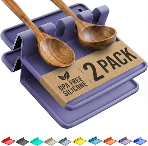 Cooler Kitchen Silicone Spoon Rest for Stove Top with Drip Pad (Two Pack) - Heat Resistant BPA Free Utensil Rest & Spoon Holder for Kitchen Counter - Grill Utensil Holder - Spatula Holder, Purple - color: Wild Fig, size: Medium - 2 Packs