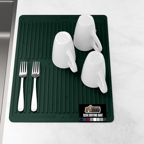 GORILLA GRIP 100% BPA-Free Silicone Dish Drying Mat for Kitchen Counter, Quick Dry, Water Catching Ribbed Design, Easy Clean Waterproof Sink Liner, Heat Resistant, Fits Under Rack, 12x16, Hunter Green - color: Hunter Green, size: 16" X 12", style: Silicon