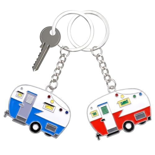 Thinp 2 Pieces Camper Keychain, RV Camper Keyring Accessories for Travel Trailers Enameled Metal Retro Camping Car Keychain - color: Blue+red