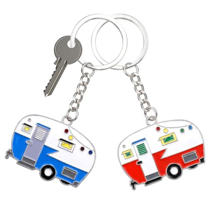 Thinp 2 Pieces Camper Keychain, RV Camper Keyring Accessories for Travel Trailers Enameled Metal Retro Camping Car Keychain - color: Blue+red