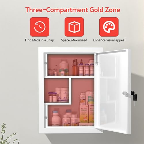Locking Medicine Cabinet Wall-Mount: Storage Cabinet with Lock & Key - White Metal First Aid Kits for Family Safety and Childproofing - color: Matte White