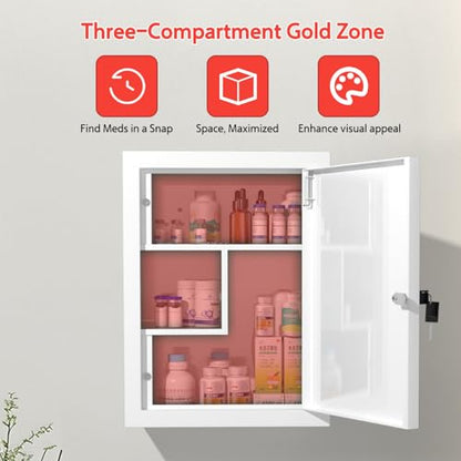 Locking Medicine Cabinet Wall-Mount: Storage Cabinet with Lock & Key - White Metal First Aid Kits for Family Safety and Childproofing - color: Matte White
