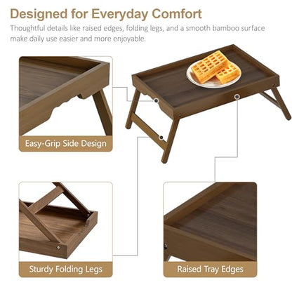 Breakfast Tray with Folding Legs Set of 2, Bamboo Bed Tray Table 15.7" Foldable TV Dinner Tray with Ergonomic Wave Handles for Bed Couch Sofa, Breakfast, Snacks, Coffee, Walnut - color: Walnut, size: Medium