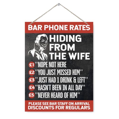 Funny Bar Decor Wall Sign - Bar Phone Rates Hiding From the Wife, Man Cave Vintage Wood Sign, Humorous Wall Decor for Pub, Fathers Day, Husband, Birthday, Christmas Gift - color: Bar 10