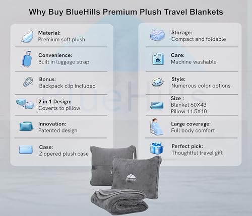 BlueHills 2-Pack Premium Soft Travel Blanket Pillow Airplane Blanket in Soft Bag Pillowcase with Hand Luggage Belt and Backpack Clip, Compact Pack Large Blankets for Any Travel (Grey Gray T013) - color: Gray-2pk-t013