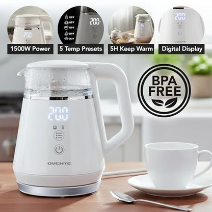 OVENTE 1L Small Electric Kettle with 5 Temperature Preset, Digital Display, 5Hr Keep Warm, Auto Shut-Off, Double-Wall Cool Touch Exterior, Borosilicate Glass,1500W BPA Free Water Boiler, White KD95W - color: White