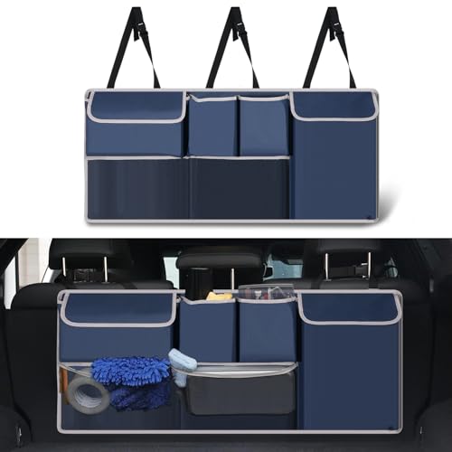UYYE Trunk Hanging Organizer, Backseat Storage Bag, Collapsible Car Interior Accessories with 4 Pockets & 2 Mesh Pouches for Tools, Provide More Storage Trunk Space for SUV, Jeep, MPVs (Drak Blue) - color: Dark Blue