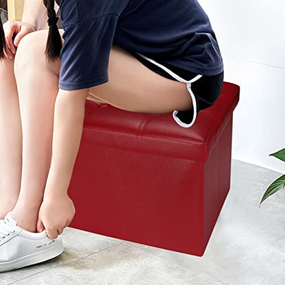 Bsketa Storage Ottoman, Folding Foot Stool with Thicker Foam Padded Seat Small Leather Storage Ottoman Bench Foot Rest for Living Room Foldable Coffee Table 17x13x13in,Red - color: Red