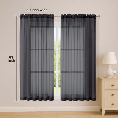 OWENIE Sheer Black Curtains, Sheer Curtains 63 inch Length 2 Panels Set, Rod Pocket Voile Fimly Sheer Drapes for Living Room Bedroom, 2pcs, Black, Each 59" W x 63" L - color: Black, size: 59"W x 63"L (Pack of 2)