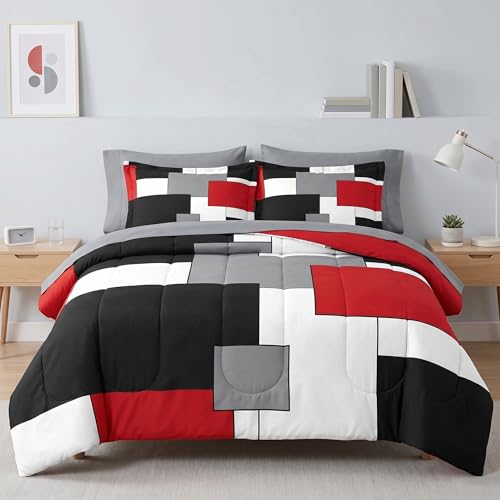 WeCozy 5 Pcs Twin Size Comforter Set with Pillowcase & Sham, Red and Black Geometric Bedding for Kids and Adults, Abstract Gray Bed in a Bag with Flat Fitted Sheet - color: Geometry 1, size: Twin
