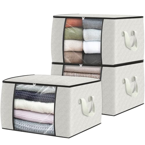 Fab totes 3 Pack Clothes Storage, Foldable Thick Fabric Blanket Storage Bags, Containers for Organizing Bedroom, Closet, Clothing, Comforter, Organization with Handle,Ivory White - color: Ivory, size: 3 Pack-60l