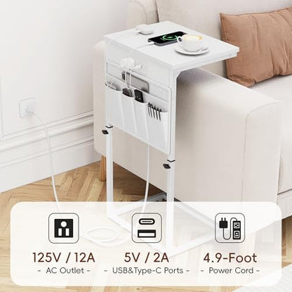 Vagusicc C Shaped End Table with Charging Station, Adjustable Height Side Table for Couch, Sofa Table Laptop Couch Side Tables, Slide Under Sofa TV Tray Arm C Tables for Living Room Bedroom, White - color: 1pc White