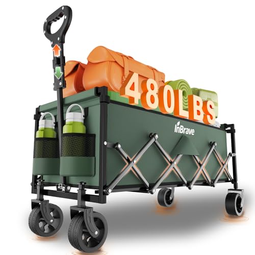 Extra Long Collapsible Wagon Cart, 480LBS Heavy Duty Utility Wagons with All-Terrain Wheels, Foldable Grocery Carts for Gardening, Shopping, Beach, Camping, Army Green - color: Army Green