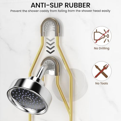 Shower Caddy Hanging Adjustable Shower Caddy, Rustproof Shower Organizer Extended Length Showers Caddy Over Shower Head with Hooks Soap Holder, Large Capacity Anti-Swing Bathroom Organizer, Gold - color: Gold