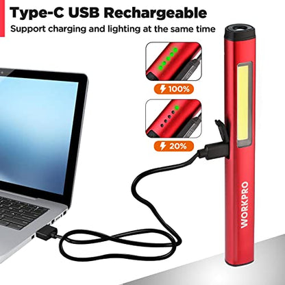 WORKPRO Rechargeable Pen Light, 450 Lumen LED Flashlight with 365 nm UV Black Light, Multifunctional Penlight for Mechanic Emergency Outdoor - color: Red