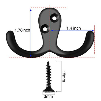 IBosins 16 Pack Heavy Duty Double Prong Coat Hooks Wall Mounted with 32 Screws Retro Double Hooks Utility Hooks for Coat, Scarf, Bag, Towel, Key, Cap, Cup, Hat(Black) - color: 16 Pcs Black